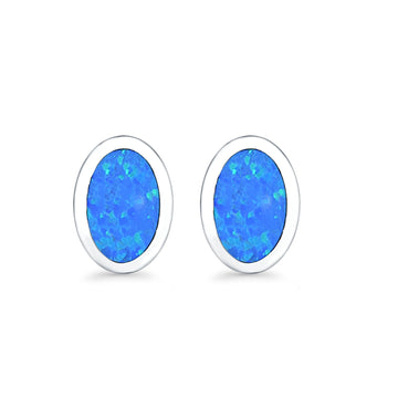 Oval Stud Earrings Lab Created Blue Opal 925 Sterling Silver (7mm)